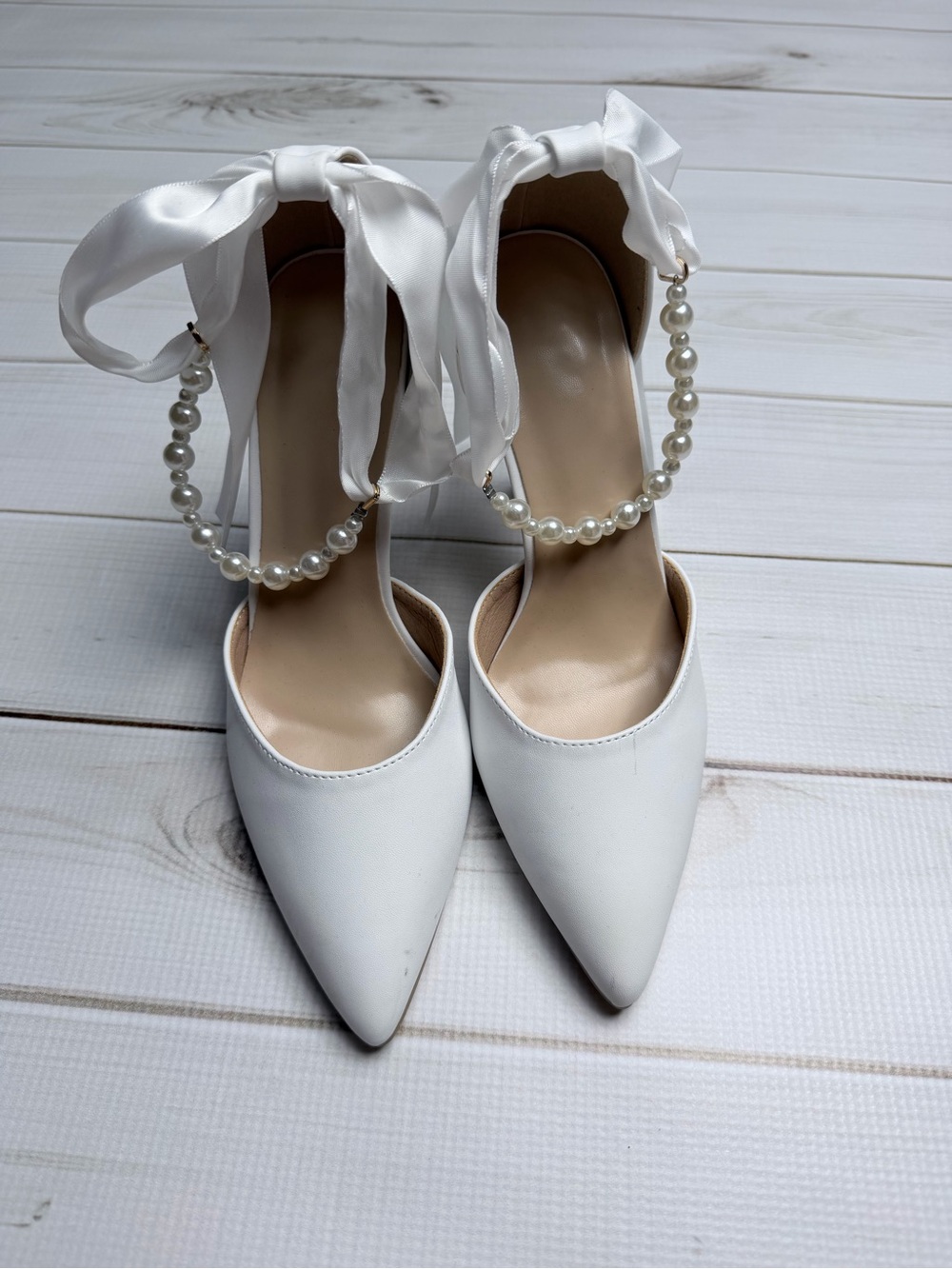 Pointed Toe Bridal Heels with Pearl Ankle Strap & Ribbon Ties - Picture 4 of 8